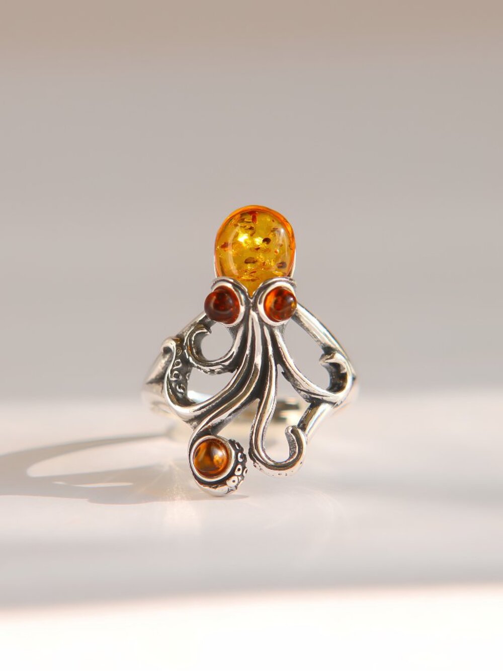 Baltic Amber Octopus Ring in Sterling Silver